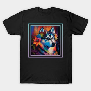 Regal Husky Floral Tropical Vibrant Digital Oil Painting Portrait T-Shirt